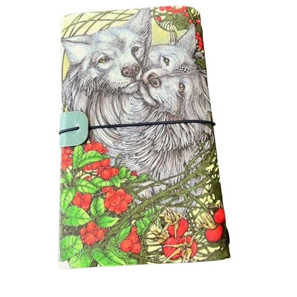 Two Wolves with Rose Hip Faux Leather Reusable Travelers Notebook 8x4.5” - Picture 2 of 8